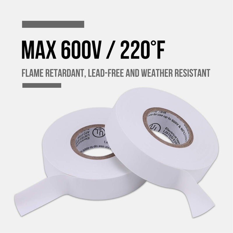 Lichamp شريط كهربائي أبيض ليتشامب 10 عبوات مقاوم للماء، 3/4 بوصة × 66 قدم، شريط كهربائي عالي الجودة مدرج في UL/CSA، شريط فائق الفينيل لتحمل درجات الحرارة العالية - Image 4